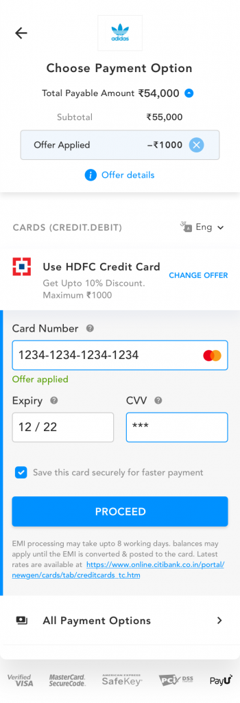 SKU based offer journey Offers Card Payment page