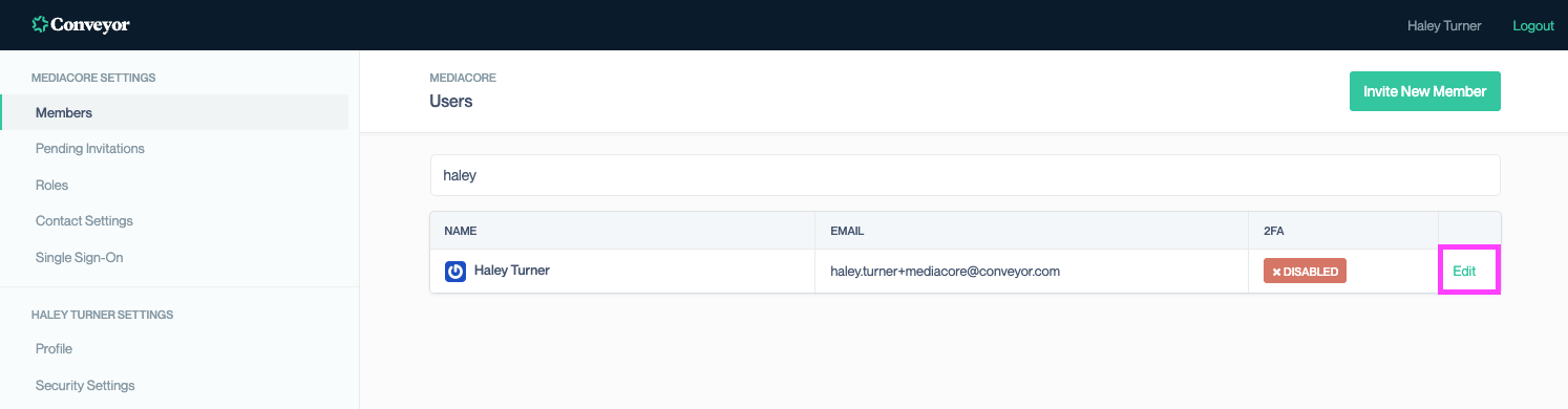 Conveyor Members page showing a list of users. The ‘Edit’ option is highlighted next to a user’s name, indicating where to make adjustments to their account or permissions.