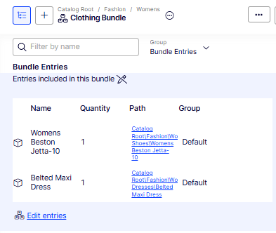 Screenshot of the Bundle Entries table in the Commerce Connect editor.