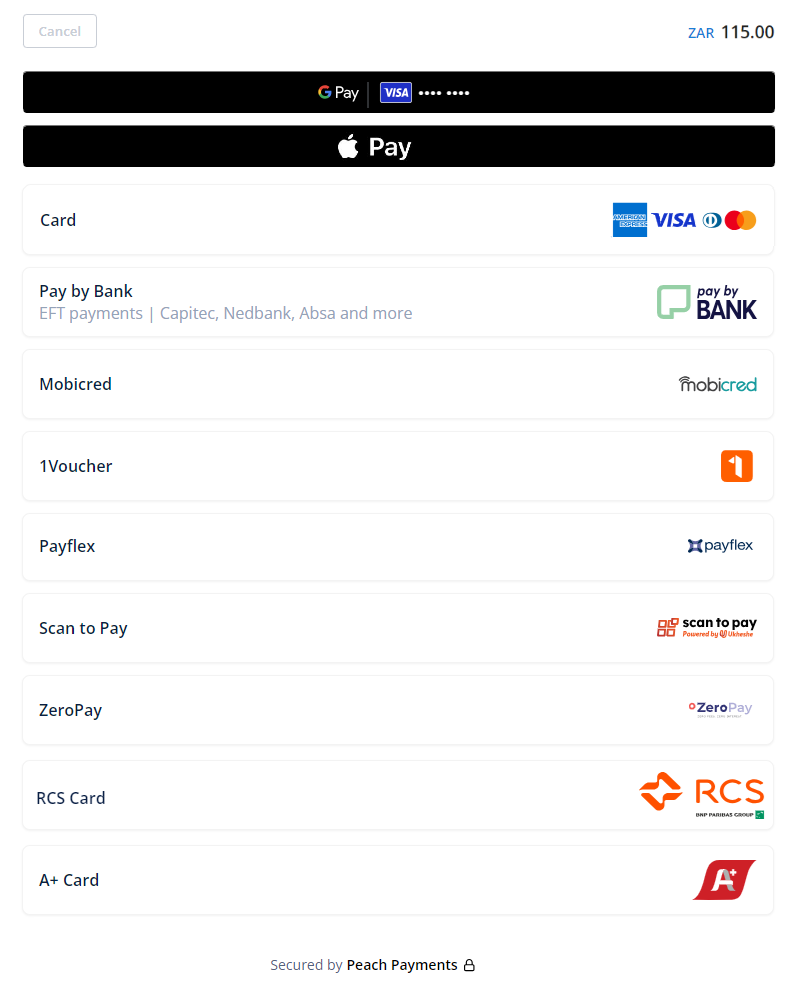 Checkout offers a variety of payment methods.