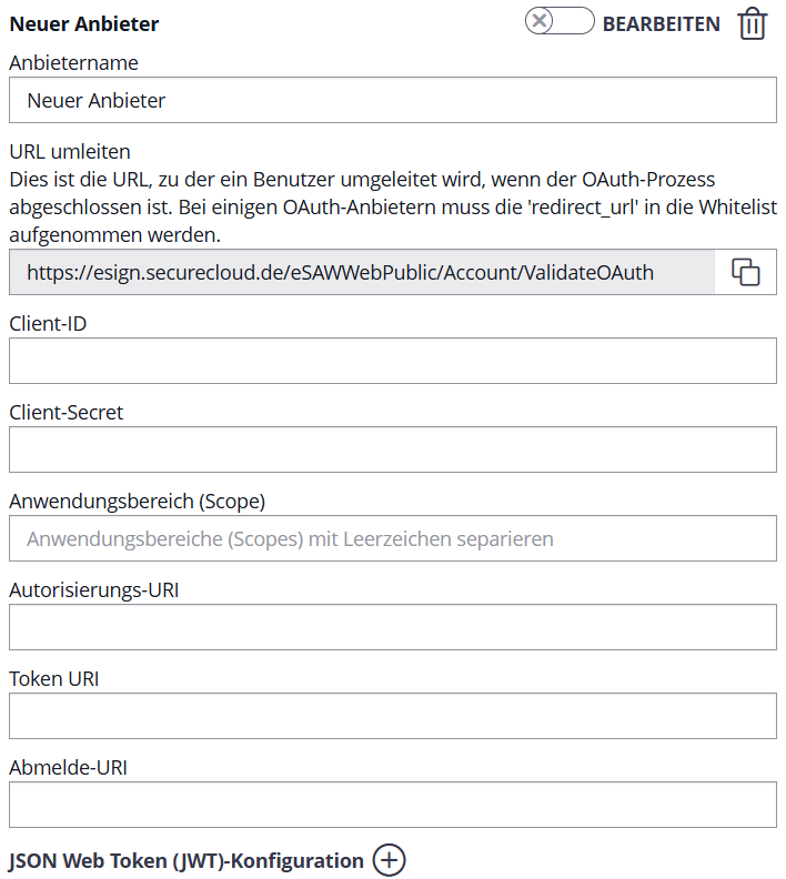 OAuth SSO – Anbieter konfigurieren
