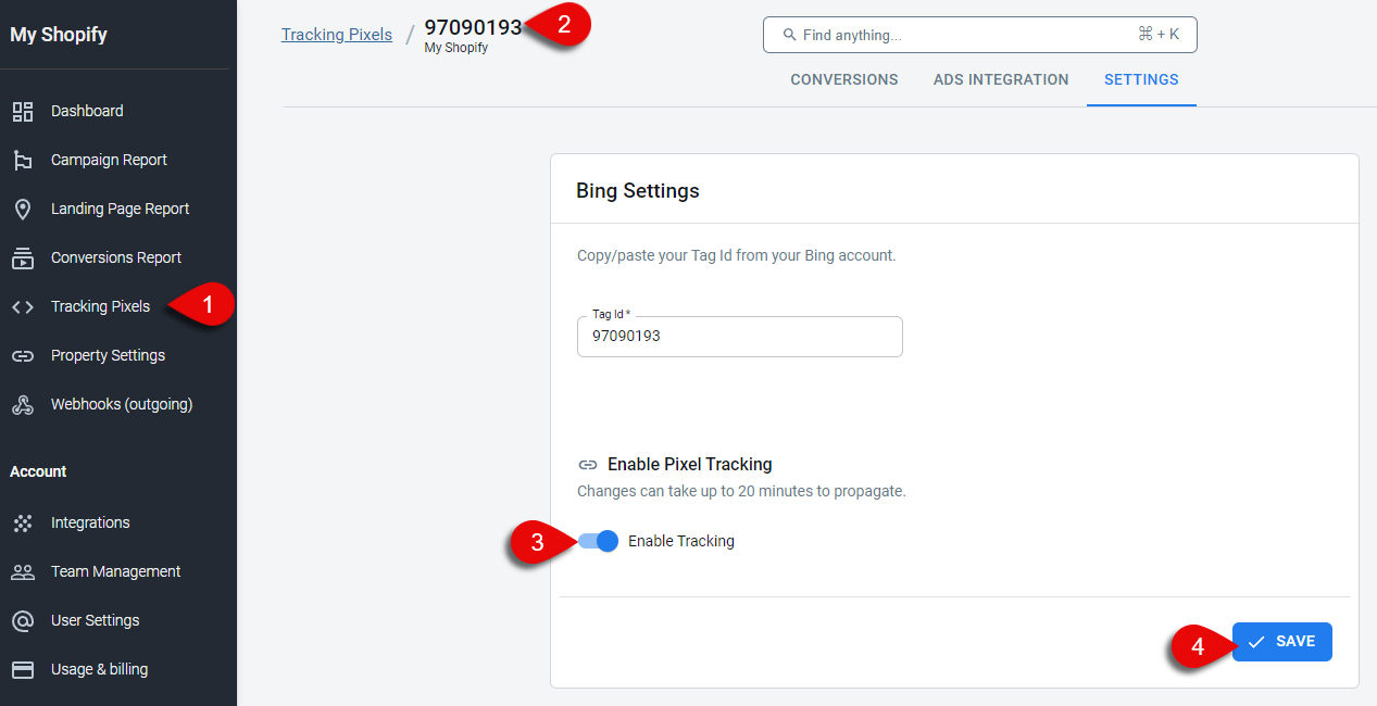 Browser-side UET Tag tracking via AnyTrack Tag is available within the Settings tab. 