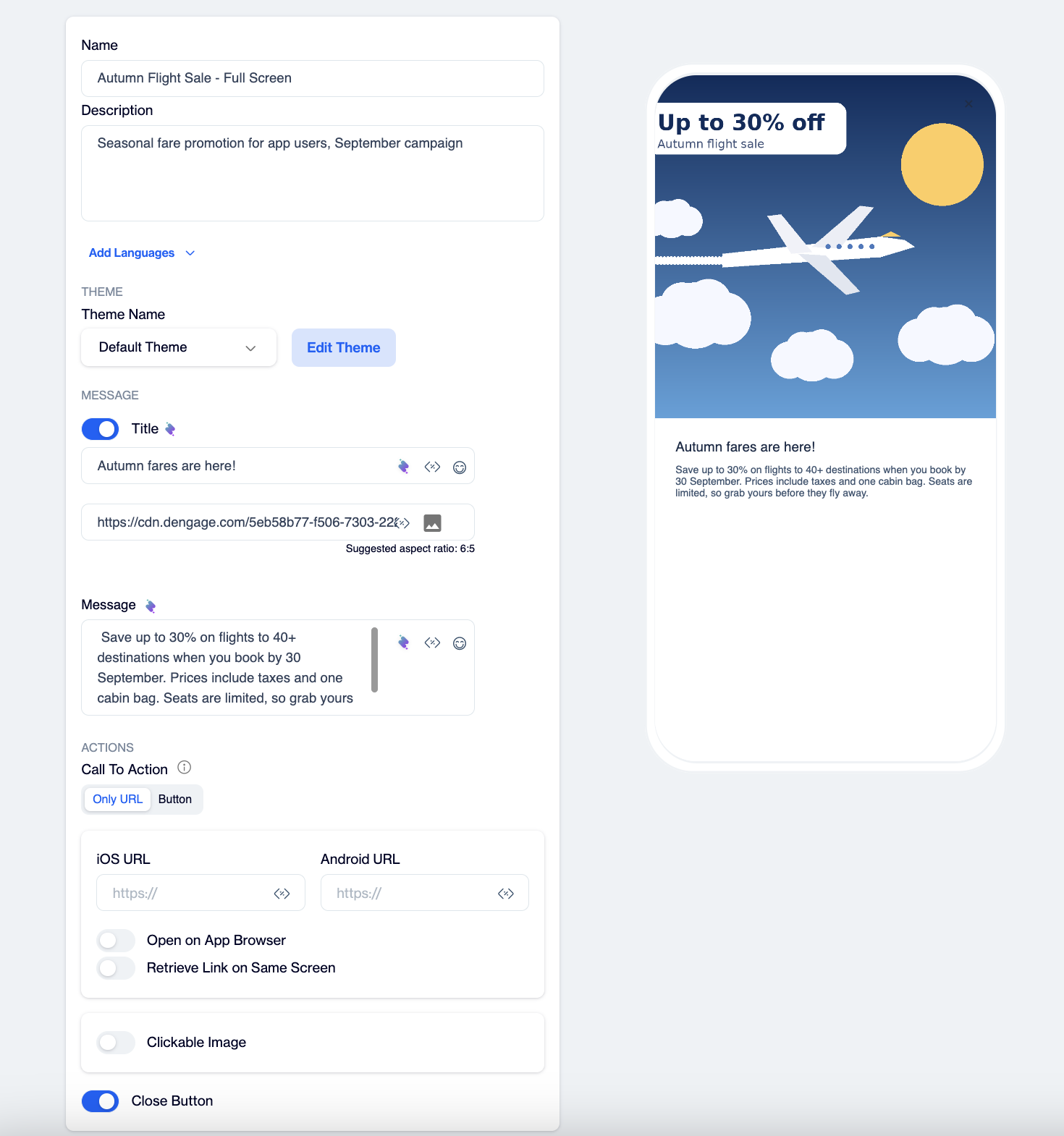 Full Screen editor in the Dengage Visual Editor. The settings panel on the left shows the Name, Description, Add Languages, Theme, Message, and Actions sections. The mobile preview on the right shows the Autumn Flight Sale content.