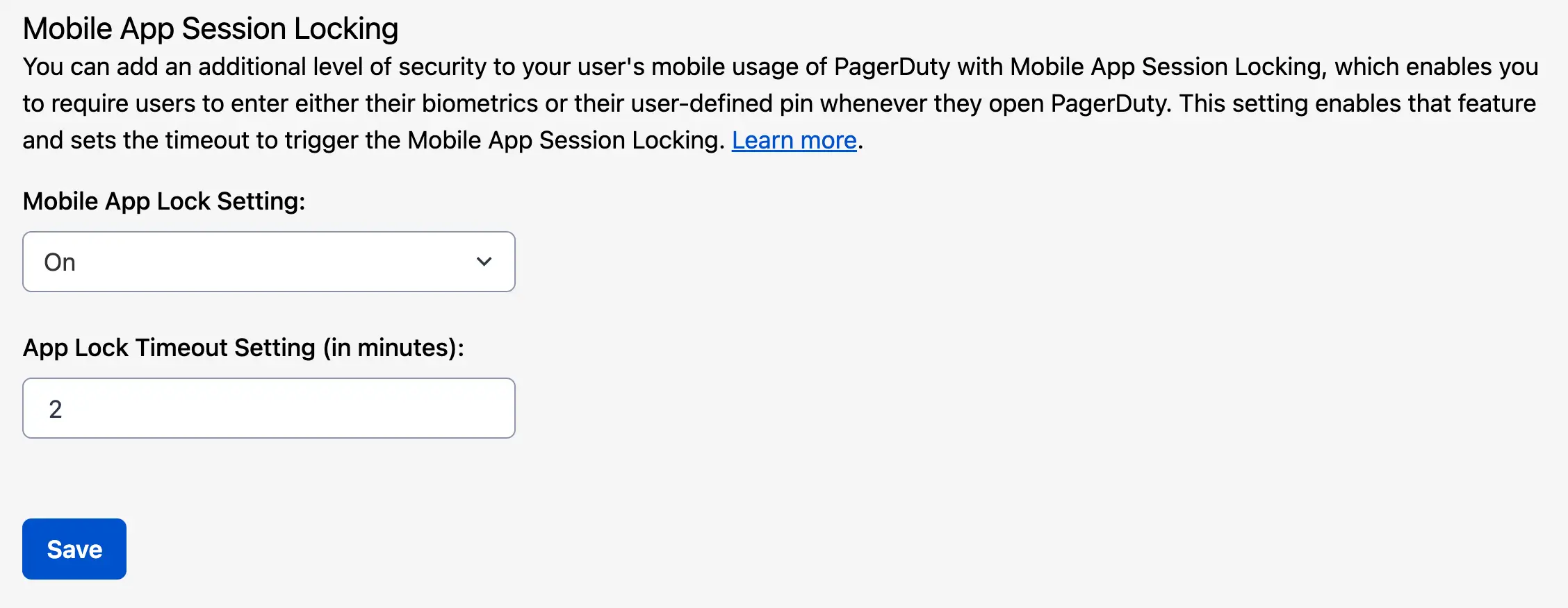 A screenshot of the PagerDuty web app detailing Mobile Security Settings