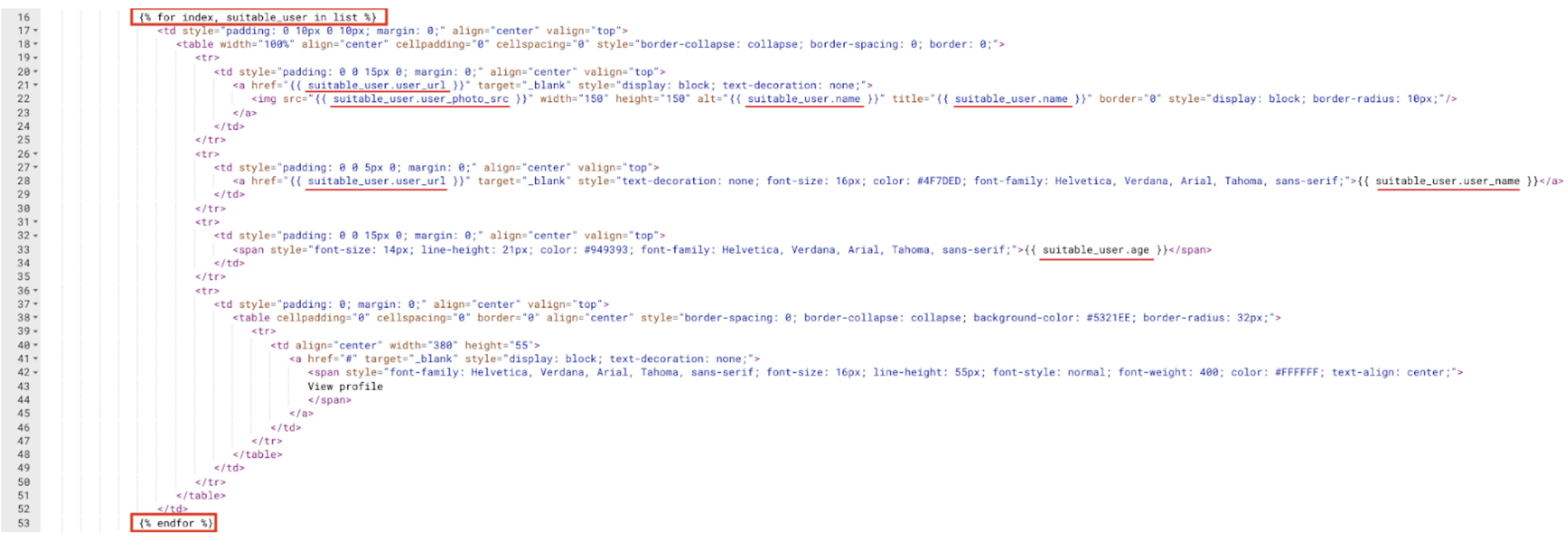 Код запису циклу в HTML шаблоні