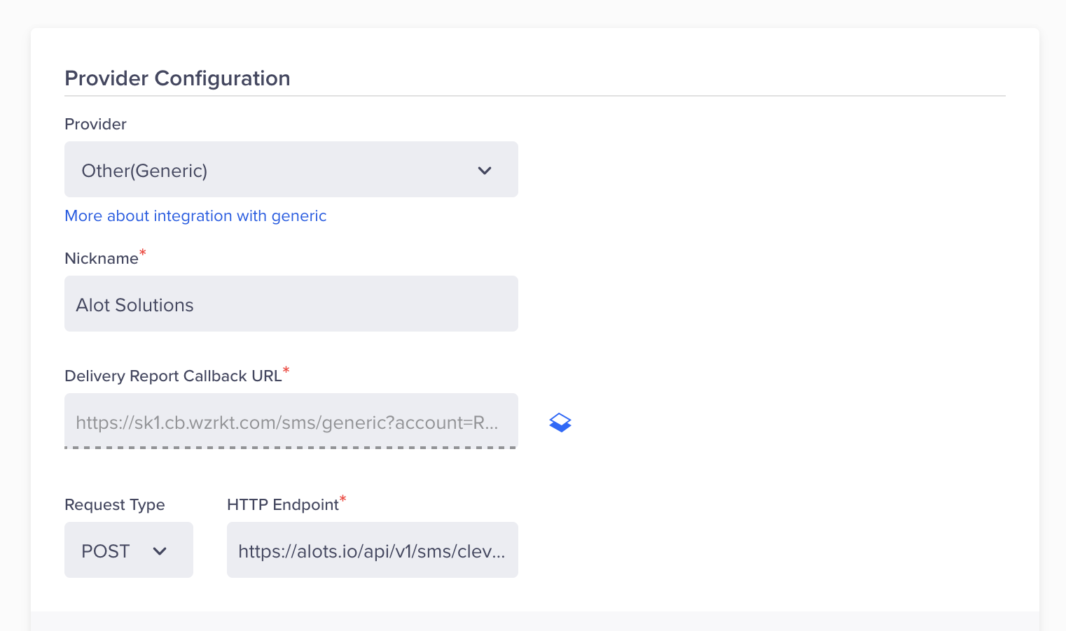 The Provider Configuration section for Alot Solutions in the SMS Channel