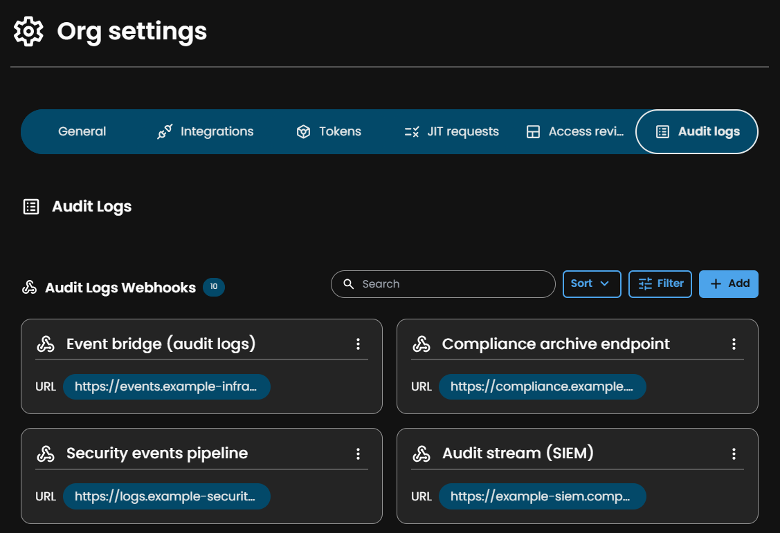 Audit logs tab showing audit log webhooks