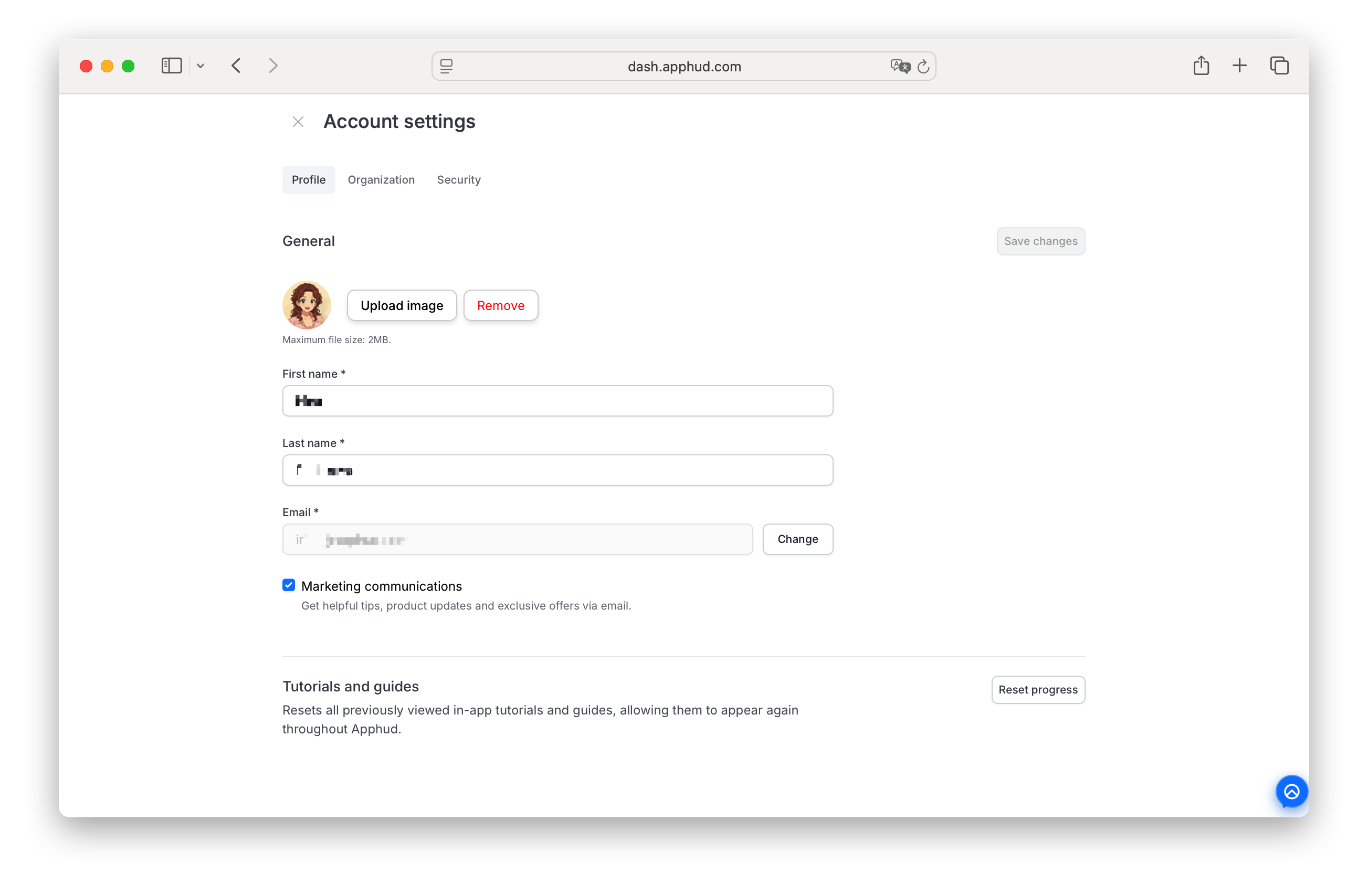 Account settings — Profile tab