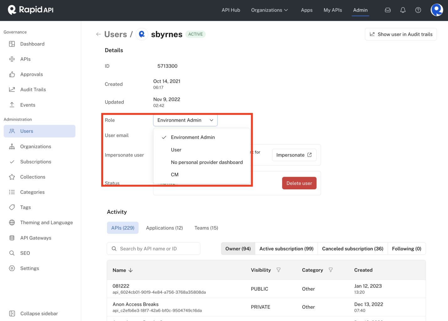 Changing a user's environment user role.