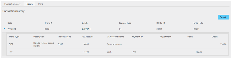 Reviewing the transaction history for the payment