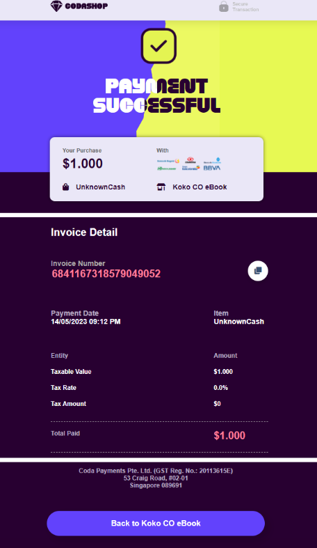 4\. Coda will show the success page once the payment has been received