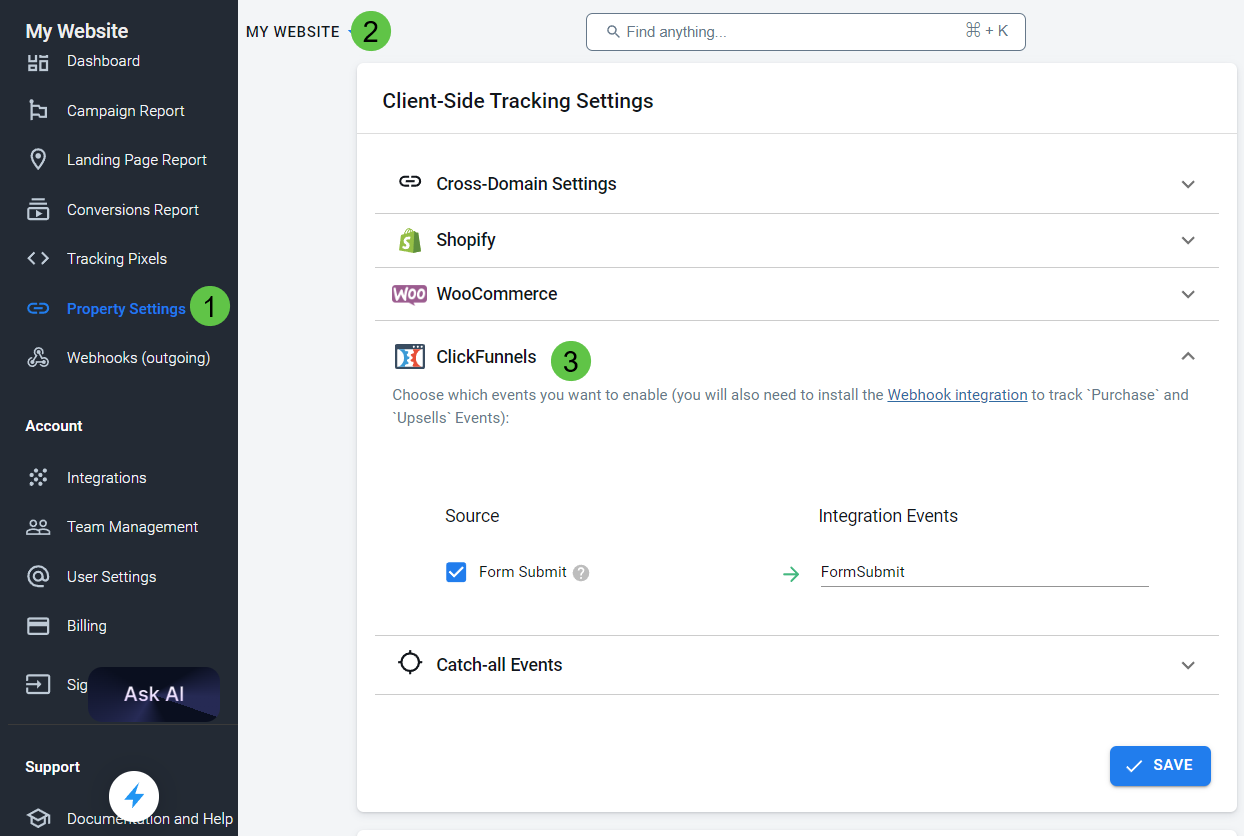 Client-side tracking settings for ClickFunnels are found in Property Settings.