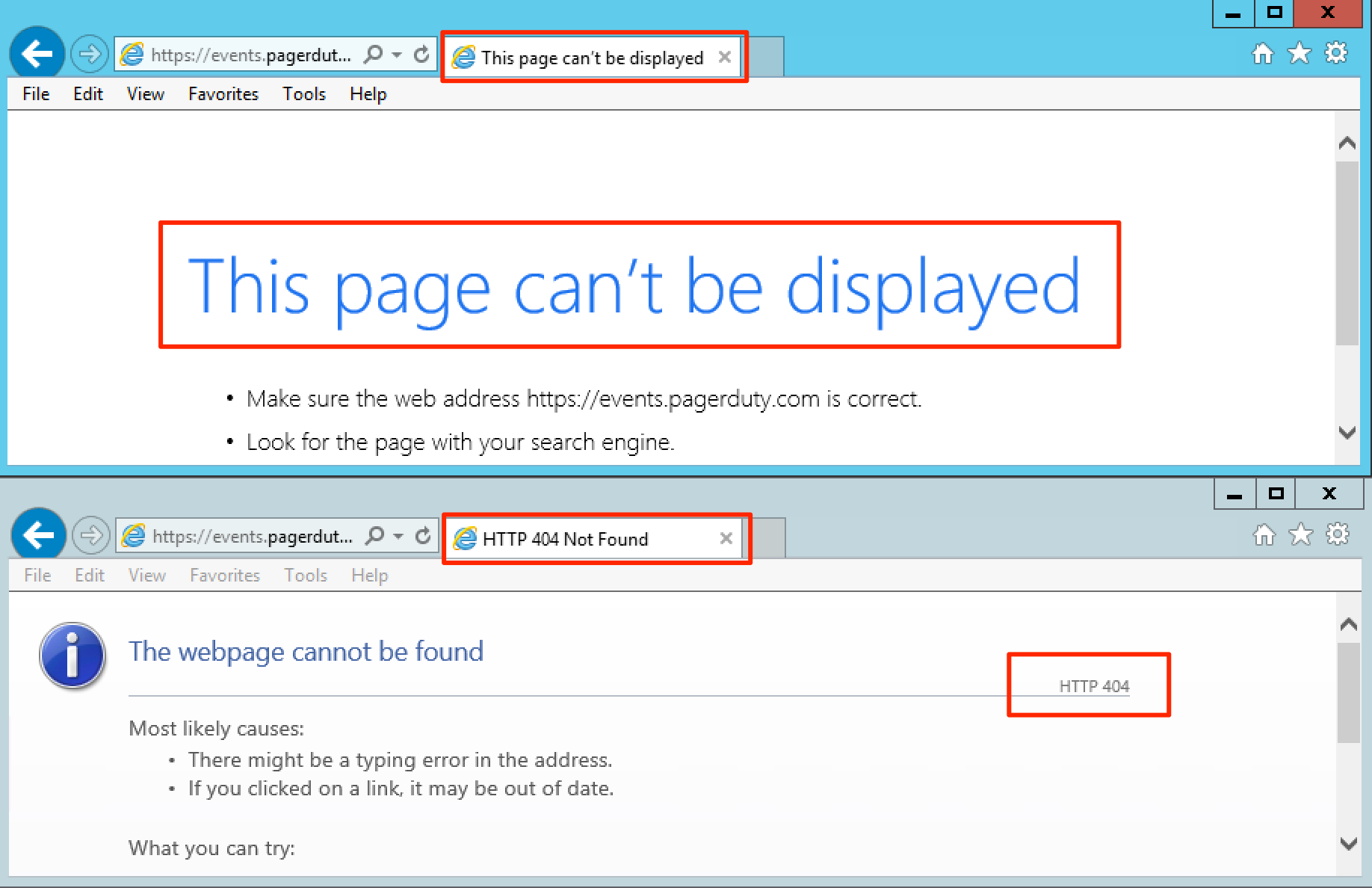 Windows Internet Explorer test results: connection failed (top); connection / TLS handshake succeeded (bottom).