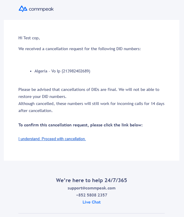 Screenshot of the DID cancellation request email 