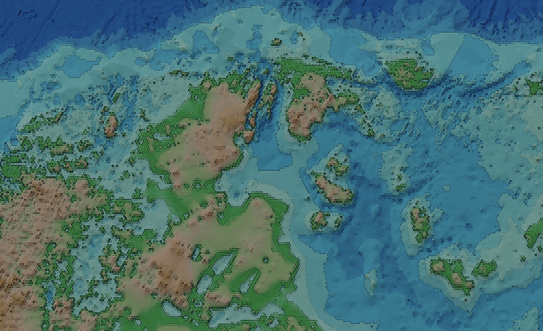 Landmass below Antartica with a hexagonal pixelate effect applied.