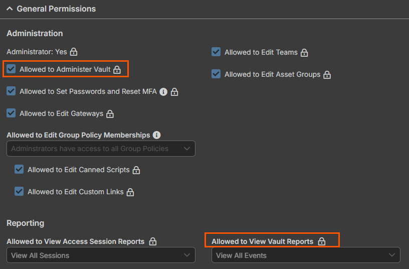 Displays the Allowed to Administer Vault checkbox and the Allowed to View Vault Reports dropdown box.