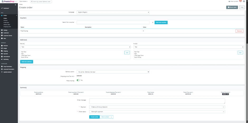 Scroll to the prestashop summary section and select the payment method. 