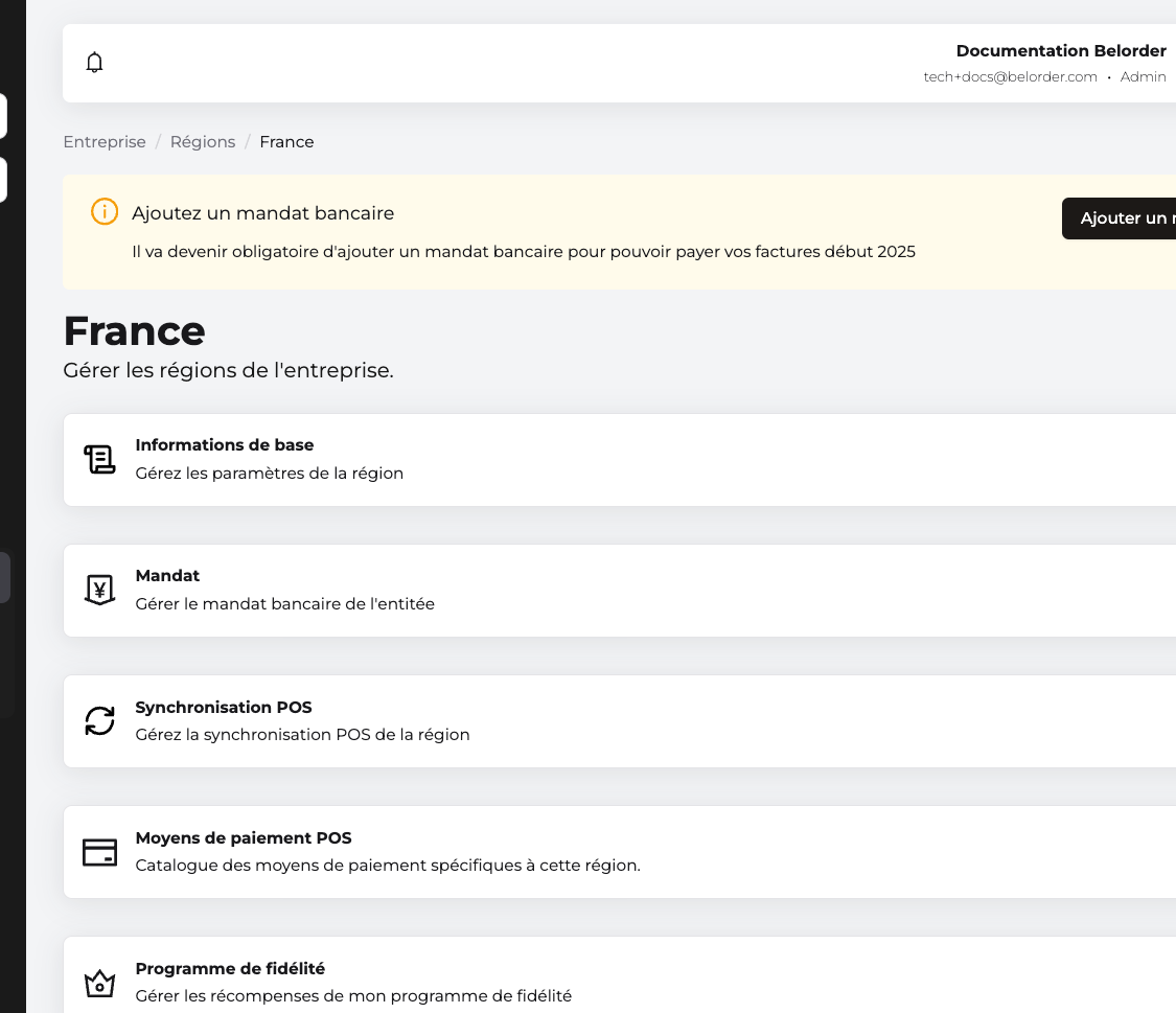 Fiche d'une région avec ses cartes, dont Moyens de paiement POS et Branding, accessibles depuis Mon entreprise puis Entreprise puis Régions