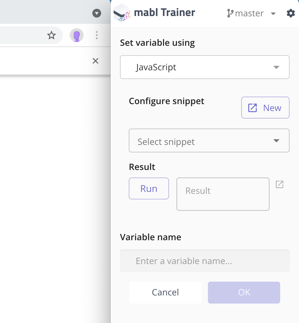 Creating a variable from JS with no snippet selected