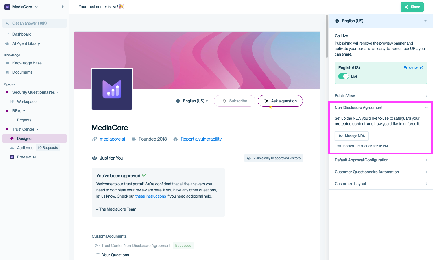 Designer view with the Non-Disclosure Agreement panel highlighted in the right sidebar.