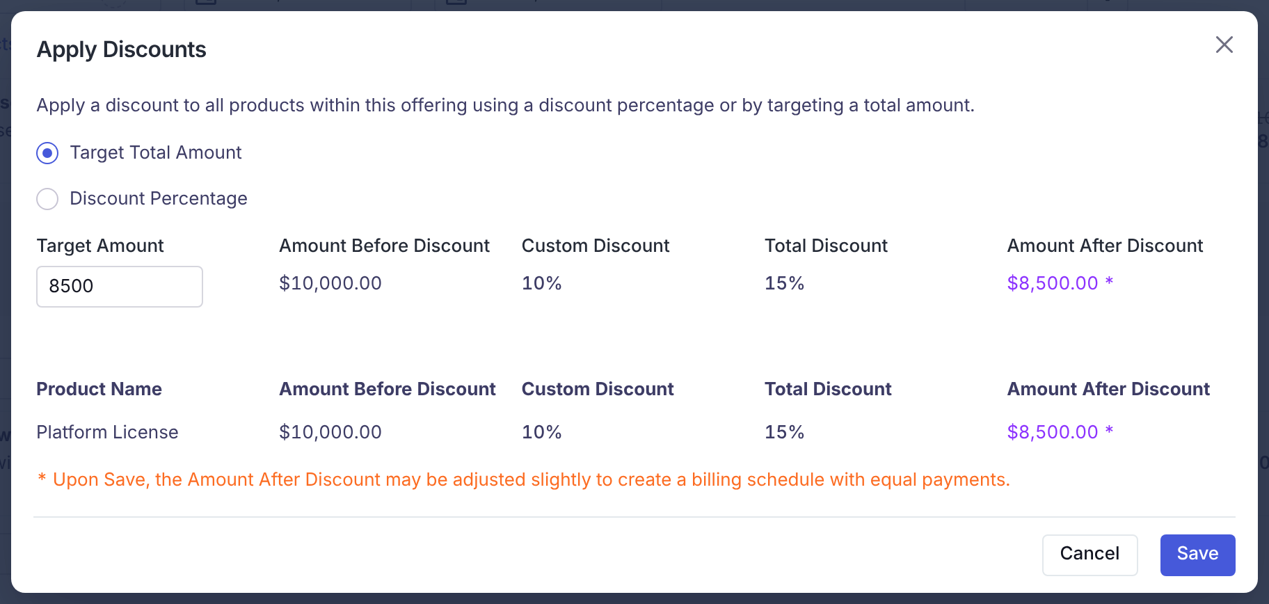 The Apply Discounts window with Target Total Amount selected, Target Amount 8500, Amount Before Discount $10,000.00, Custom Discount 10%, Total Discount 15%, and Amount After Discount $8,500.00, with a per-product preview below.
