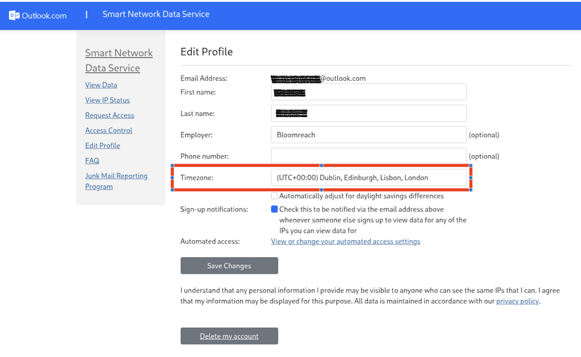 Microsoft SNDS Edit Profile page with the Timezone field highlighted.