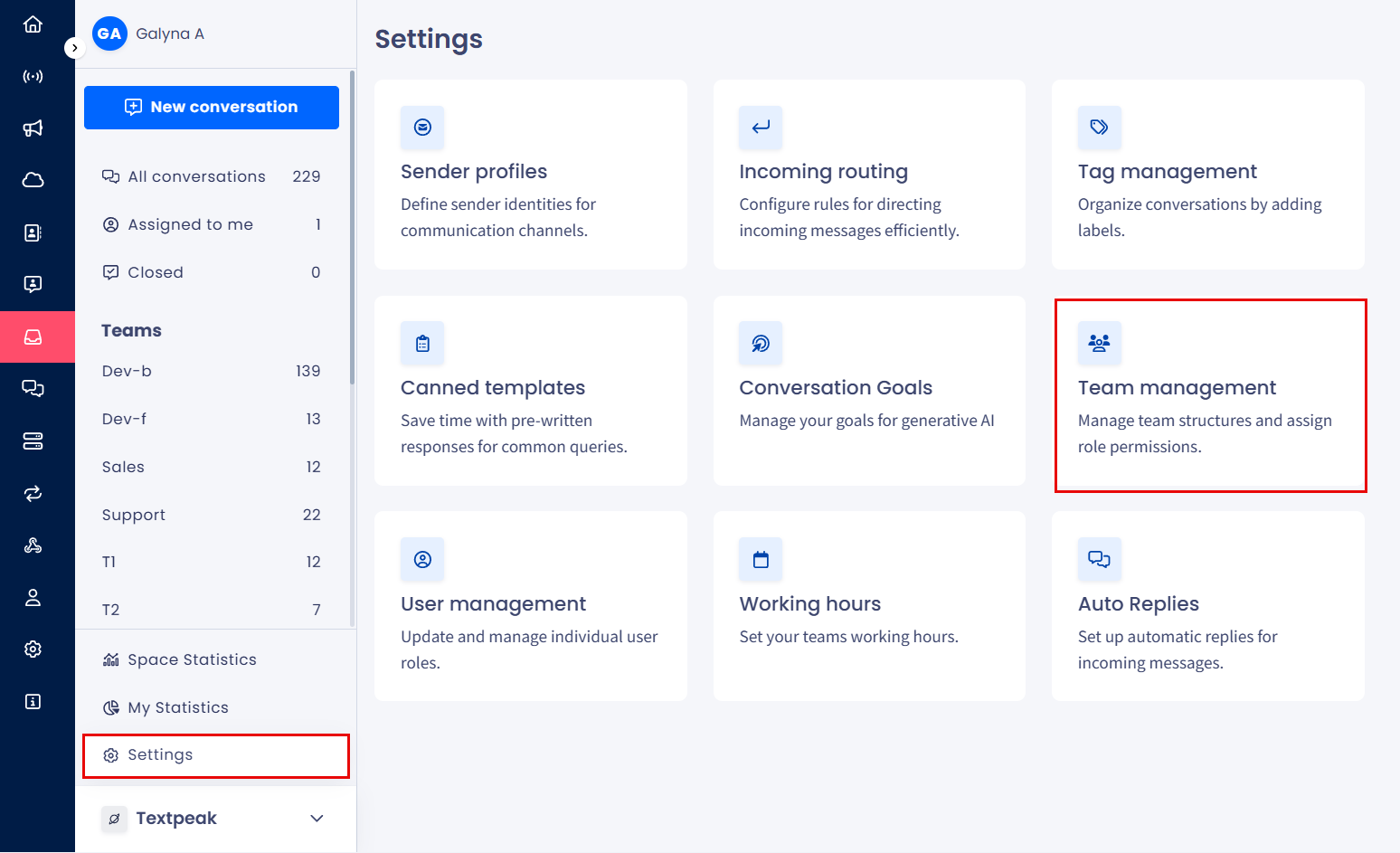 Screenshot of the Team management page