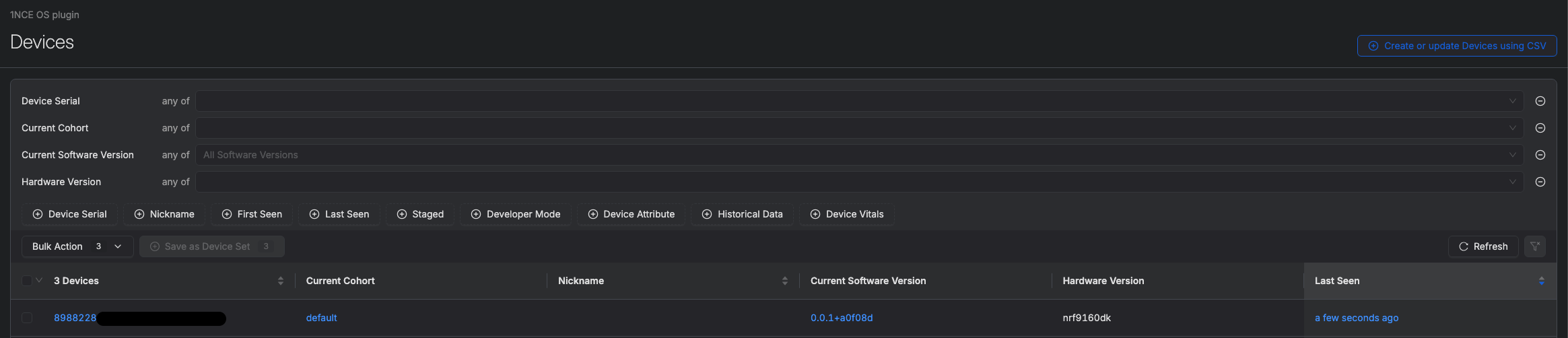 Device listed in Memfault dashboard.