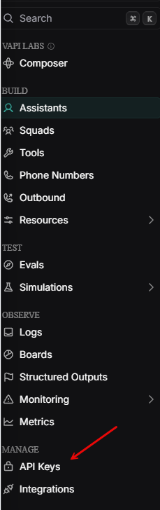 Screenshot of Manage > API keys menu
