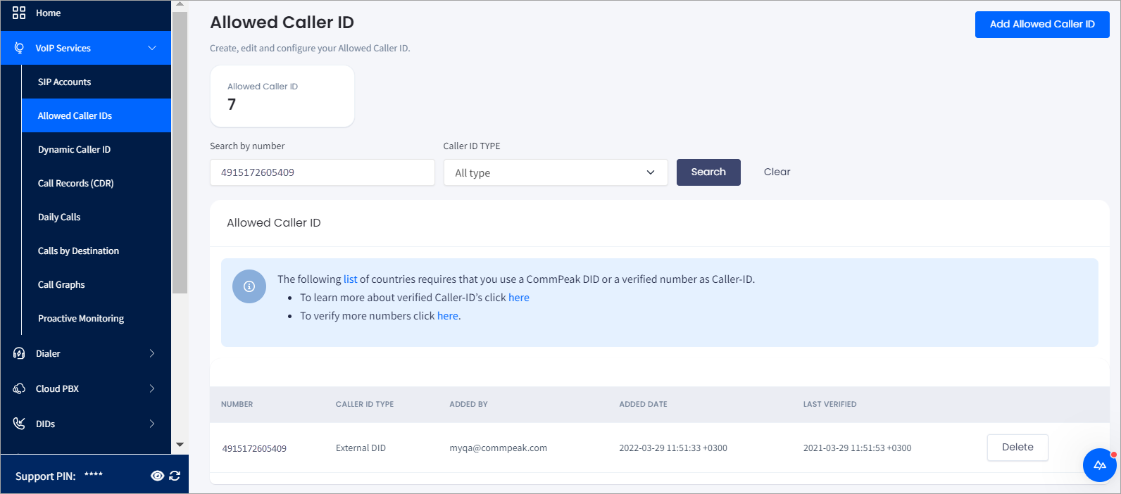 Screenshot of Allowed Caller IDs page in CommPeak Portal