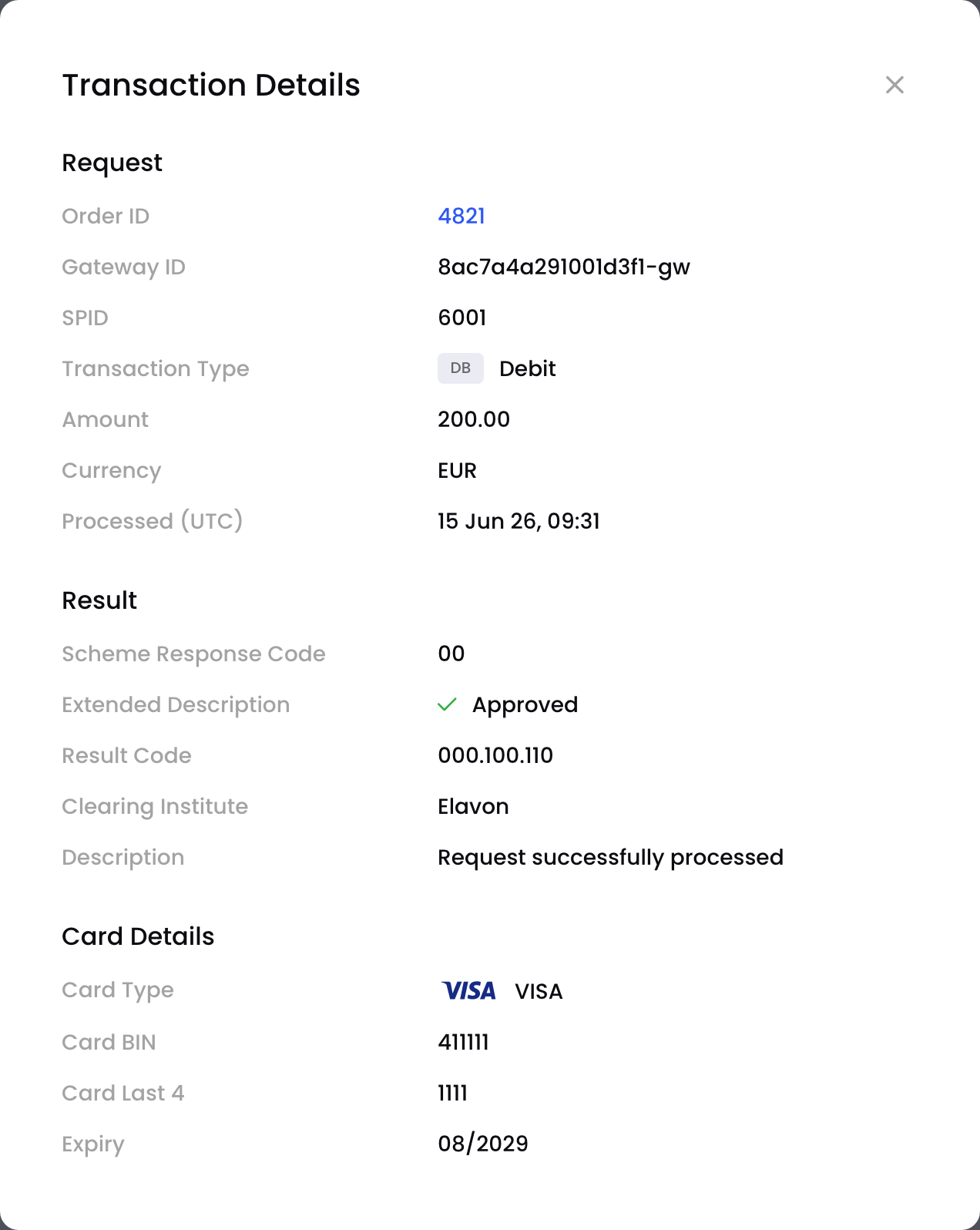 Transaction Details opened from All Processed