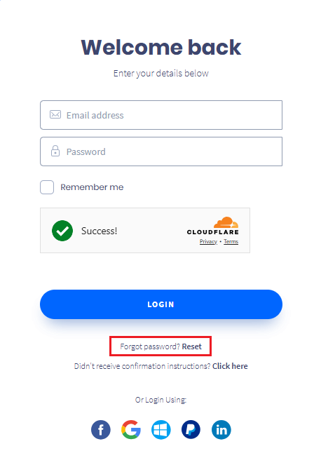 Screenshot with the link to reset forgotten password