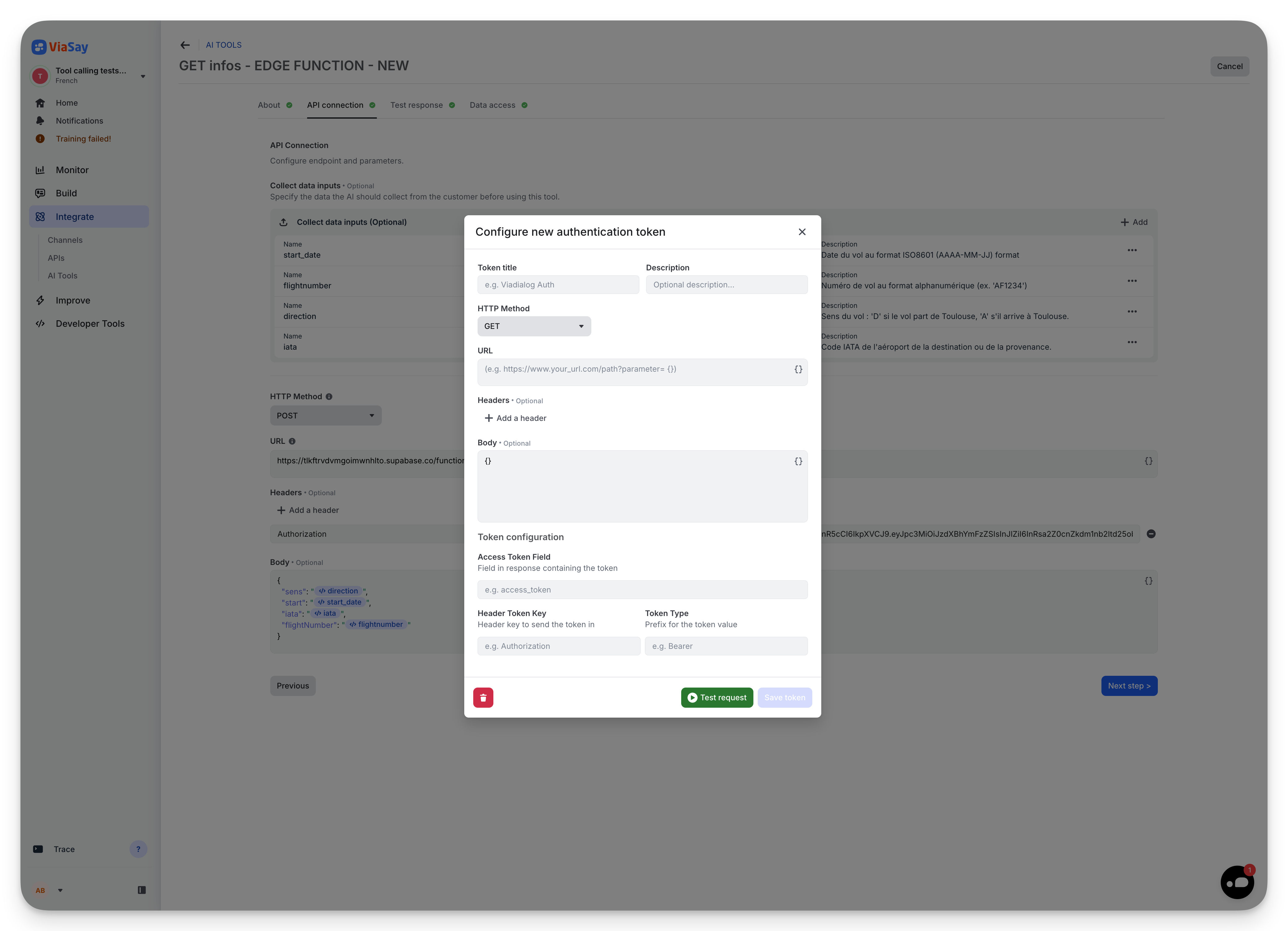 Auth token configuration modal