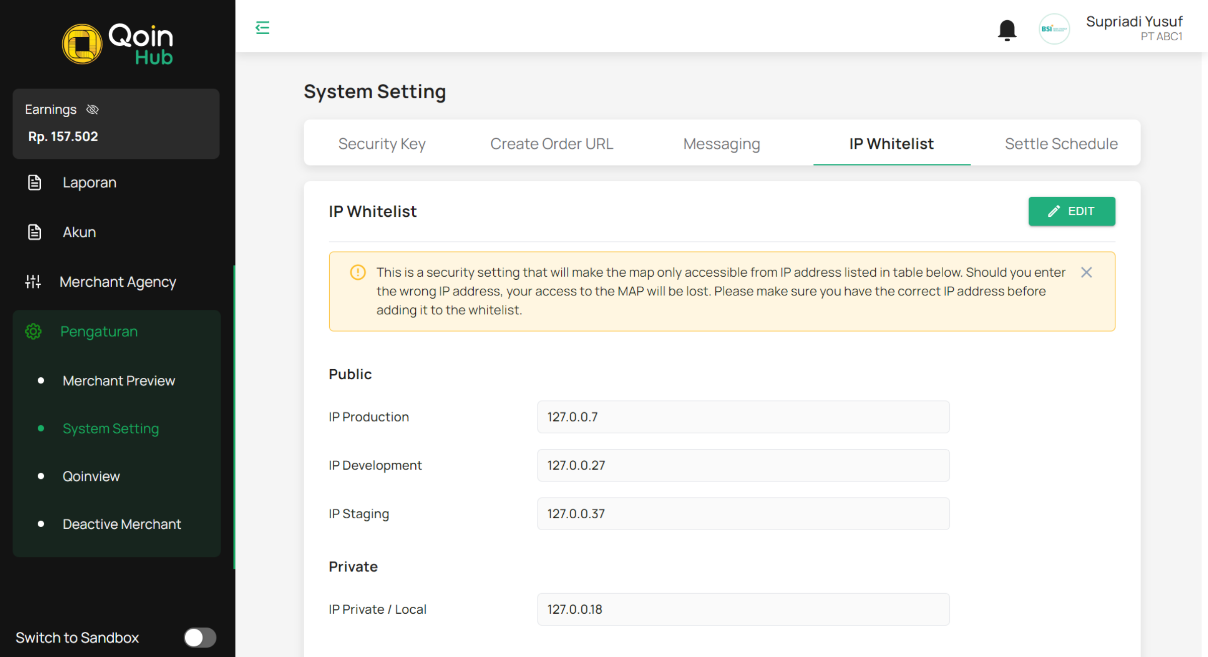 Halaman System Setting – IP Whitelist