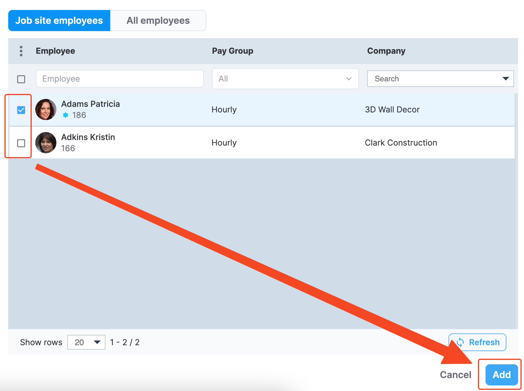 Adding a timelog for the selected employee(s)