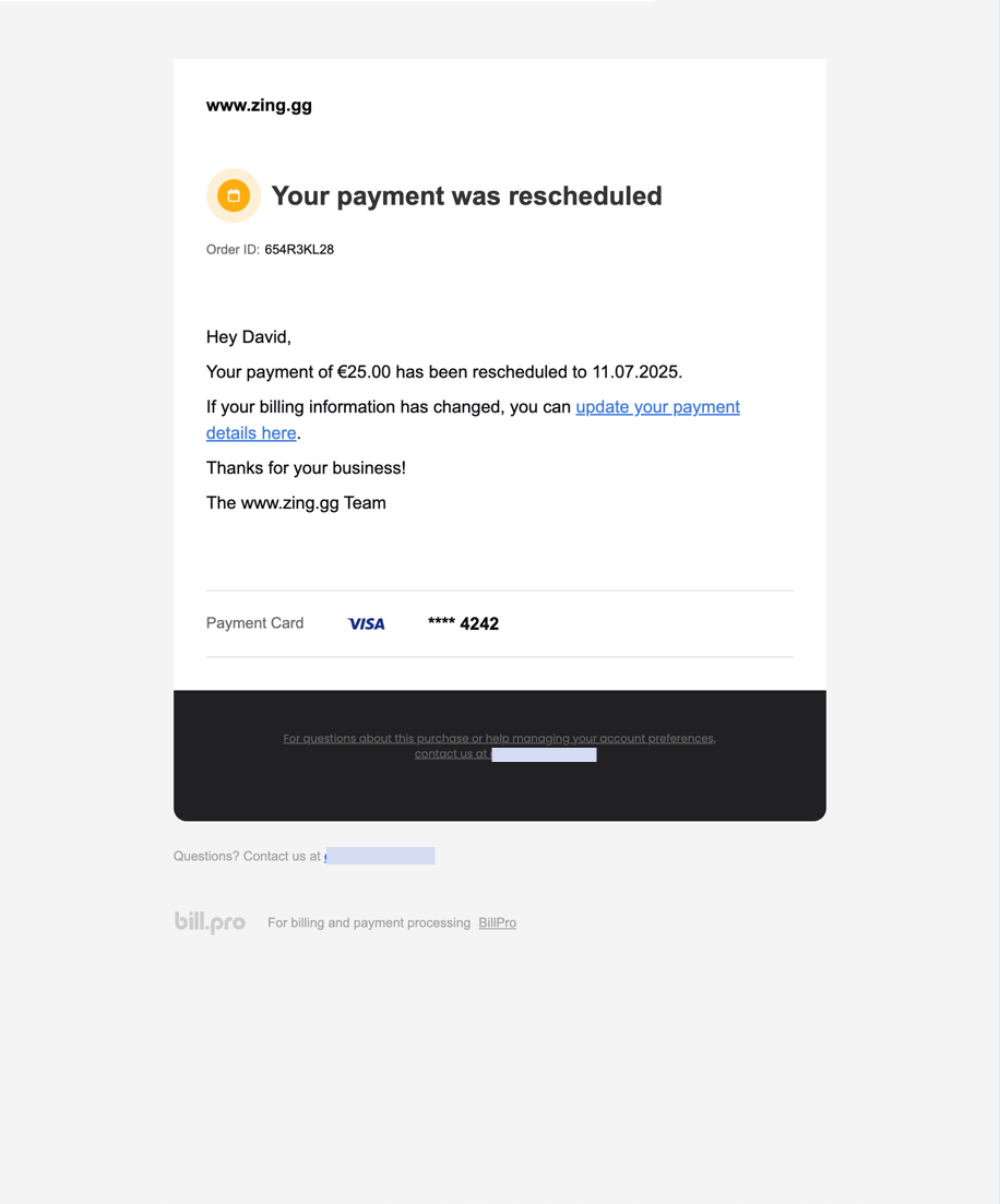 The payment rescheduled email