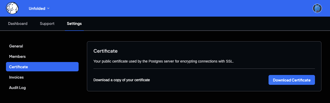The download certificate page on the Crunchy Dashboard.