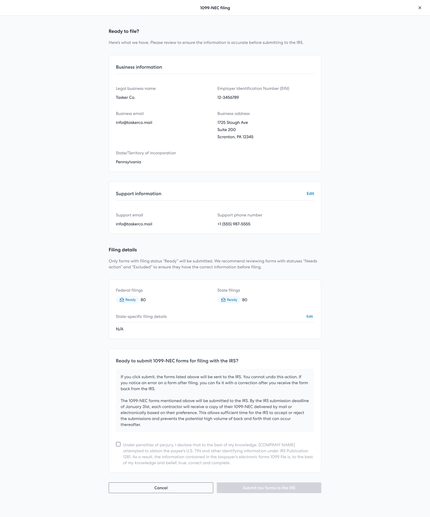 Image showing example of 1099-NEC submit tax forms screenshot