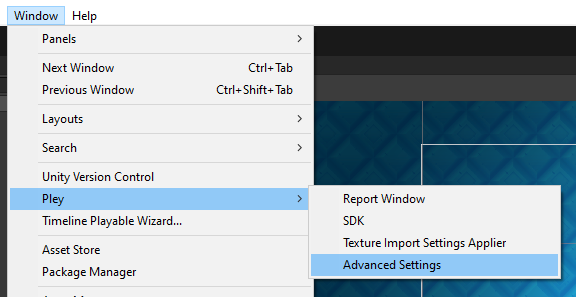 To access the advanced settings, open **Window > Pley > Advanced Settings** in Unity.