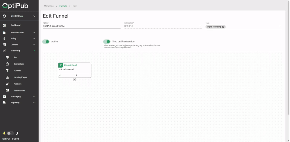 Creating a funnel action.