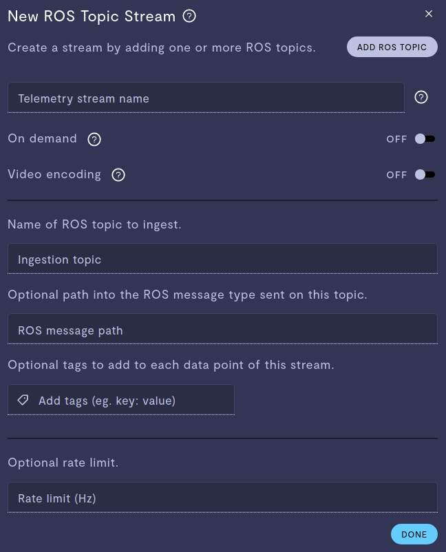 ROS Topic stream configuration