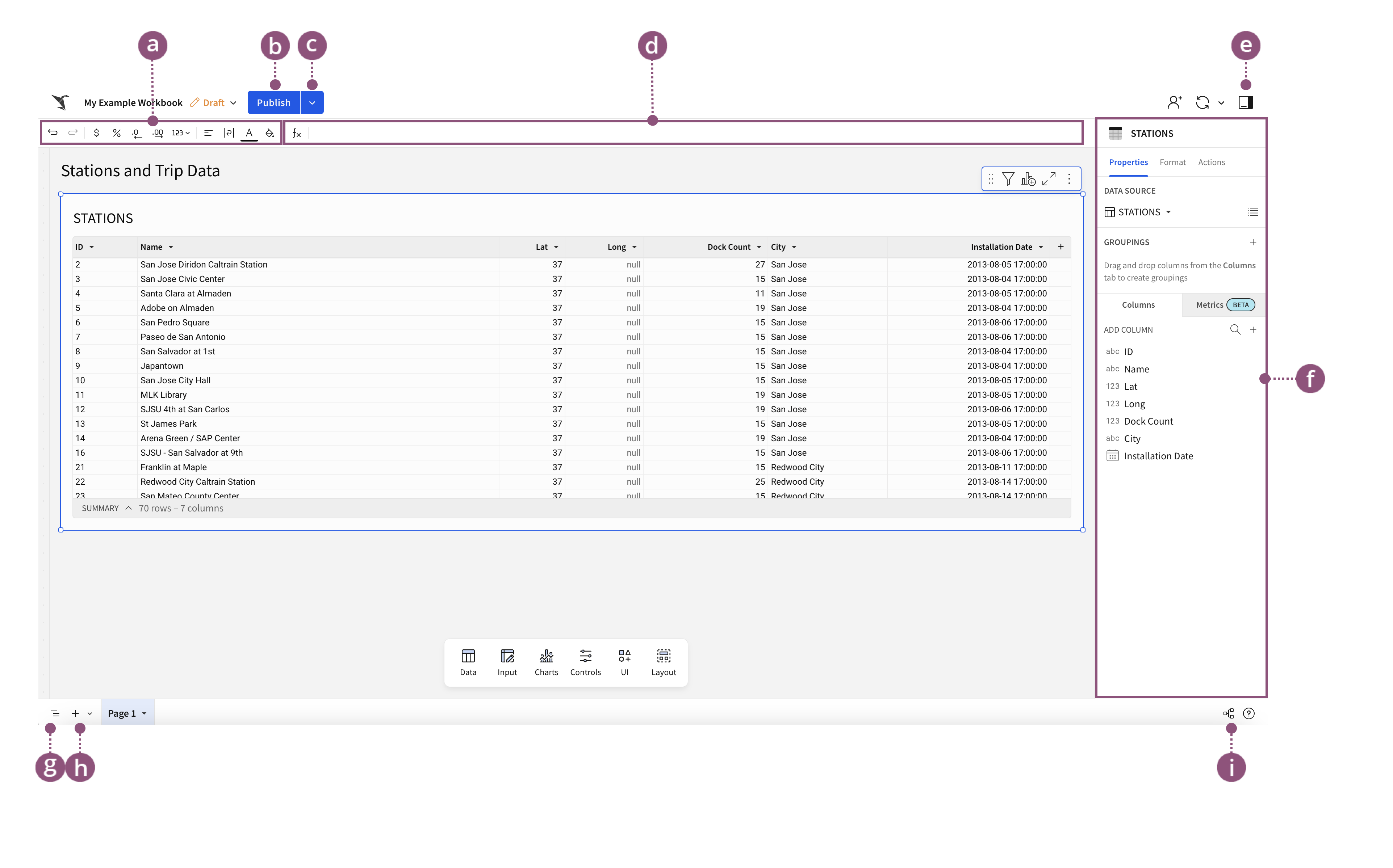 Annotated diagram of workbook in Edit mode