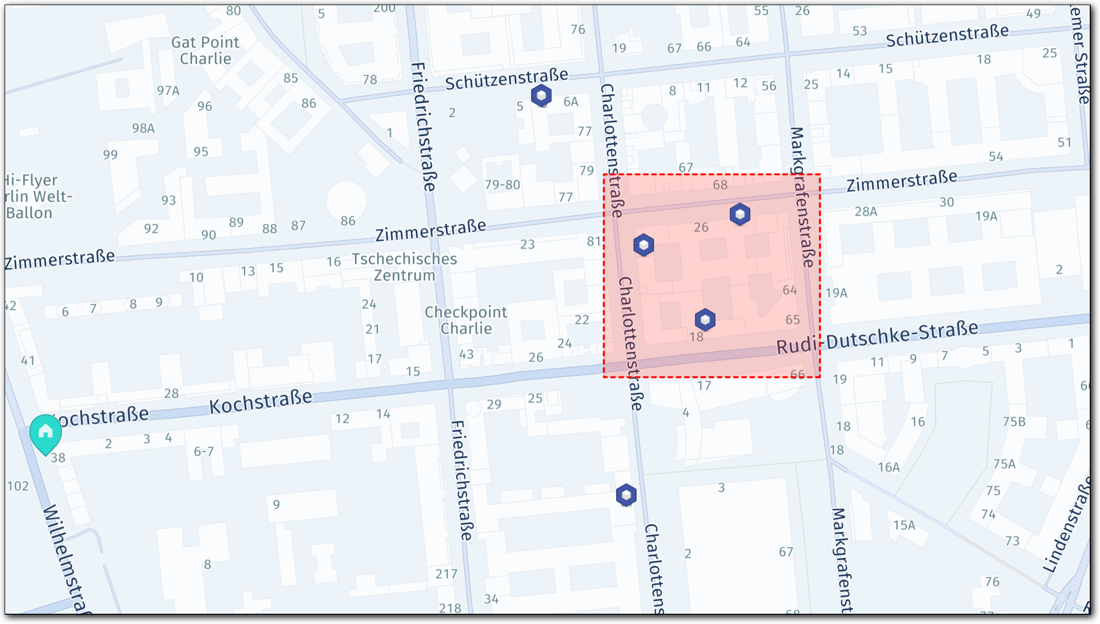 A delivery area showing job locations inside an avoid bounding box