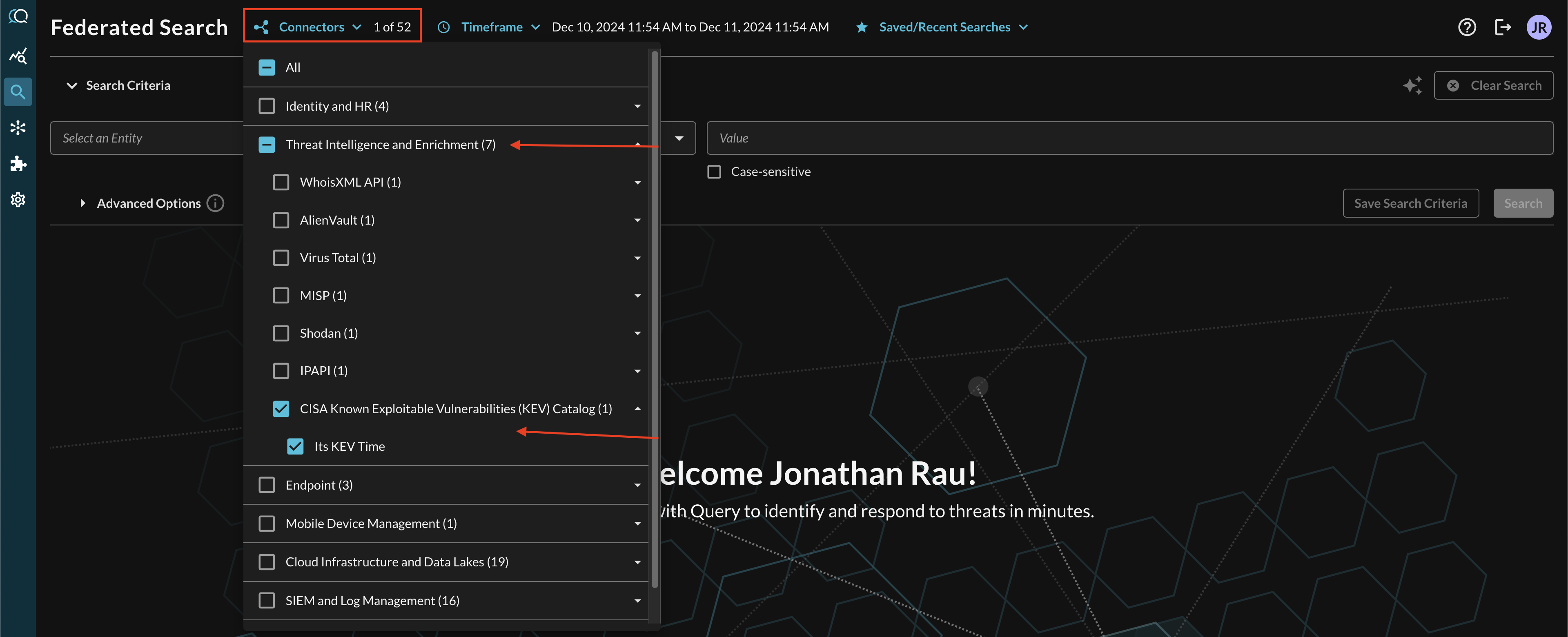 FIG. 3 - Selecting the CISA KEV Catalog Connector in Query Federated Search