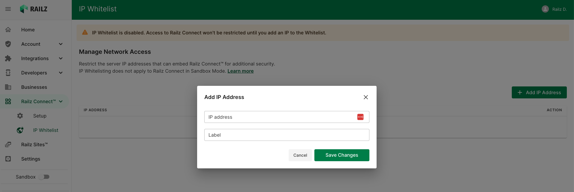 Add IP Address to IP whitelist in Railz Dashboard. Click to Expand.