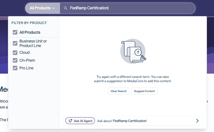 Trust Center search bar showing no results for 'FedRamp Certification' with options to Clear Search, Suggest Content, or Ask AI Agent.