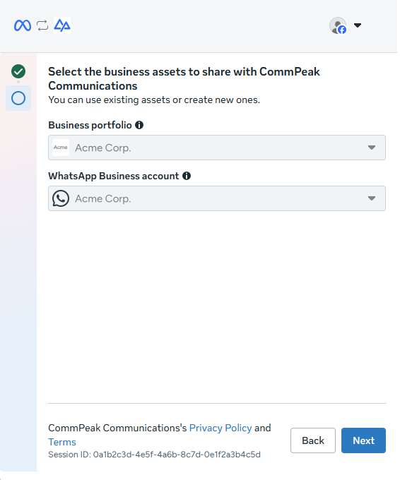 Select the business assets to share with CommPeak, with a business portfolio and a WhatsApp Business account selected