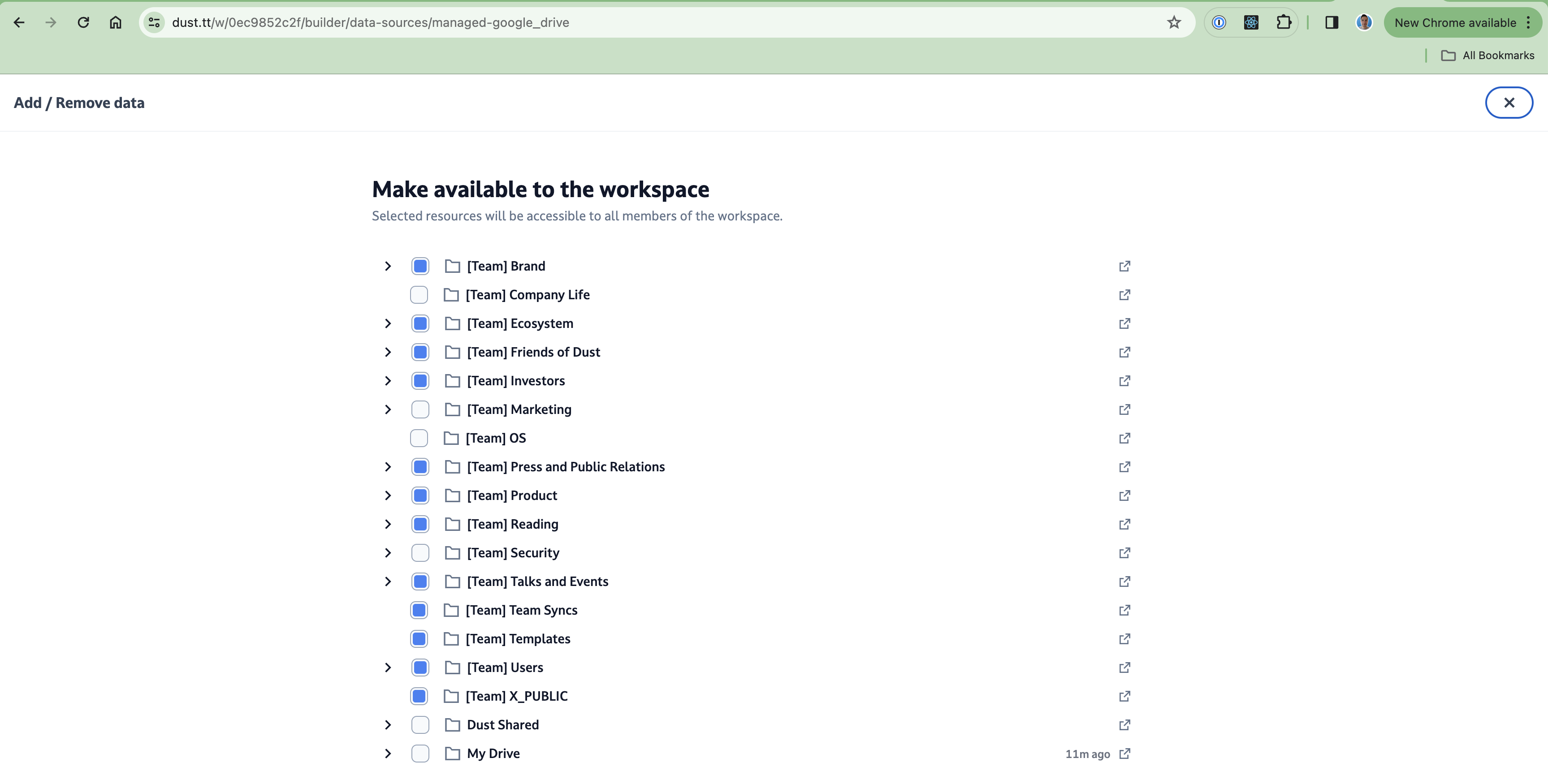 Dust modal to select the data you want to sync with your Dust workspace.