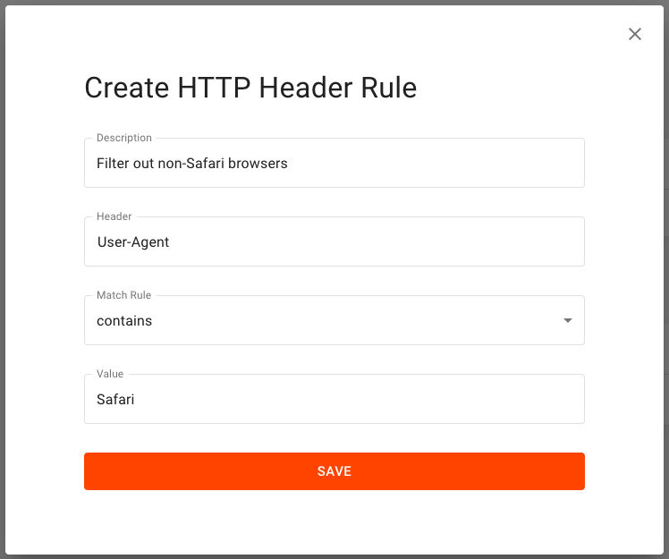 Screenshot of the form required to create an HTTP header rule