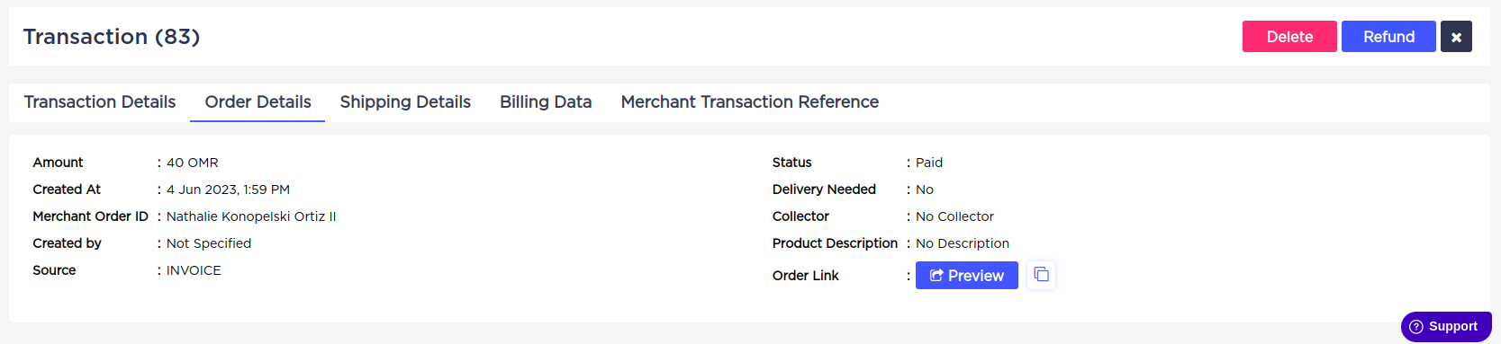 Accept Dashboard - Transactions Tab - Related Order Details.
